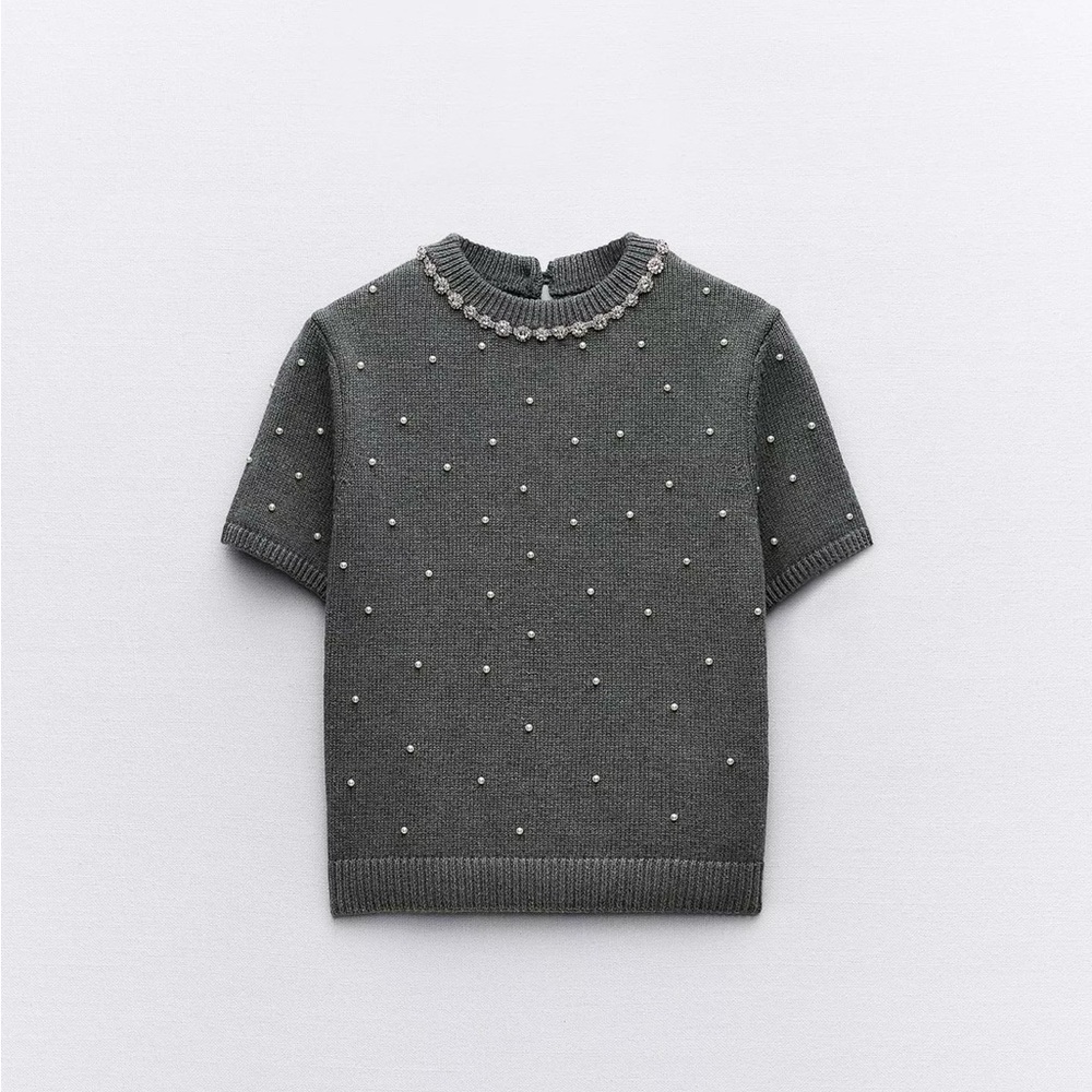Zara Gray Short-Sleeve Embellished Knit Sweater